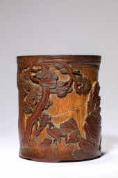 A BAMBOO CARVED 'CRANES' SCENE