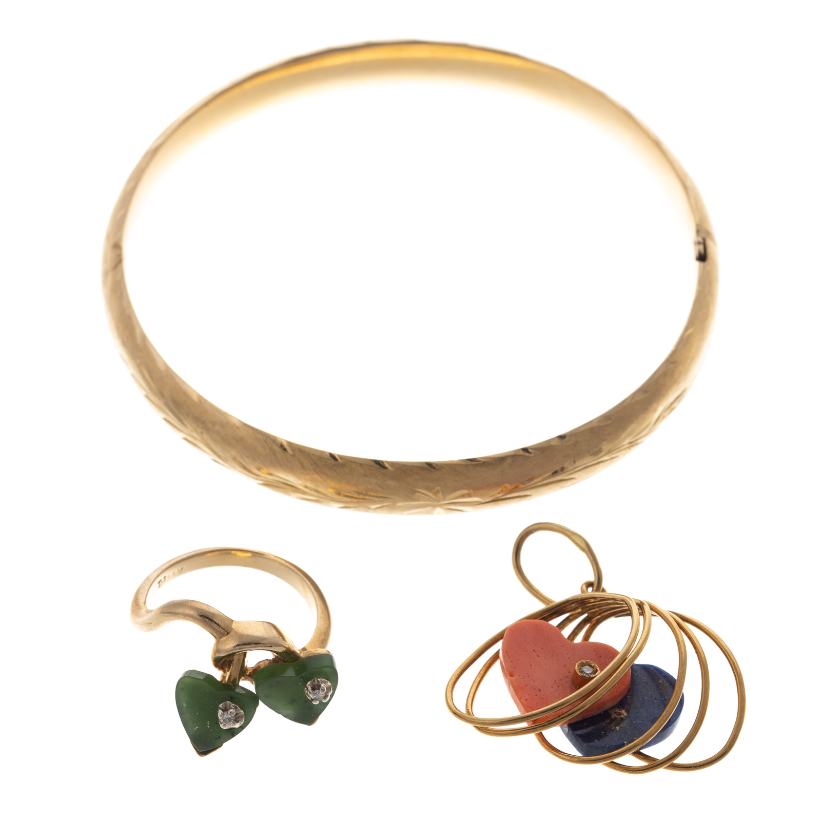 A BANGLE, HEART RING & HEART