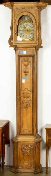 A BELGIAN CARVED OAK LONGCASE
