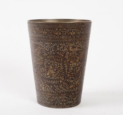A Benares metal inlaid beaker,