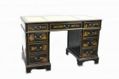 A BLACK JAPANNED PEDESTAL DESK