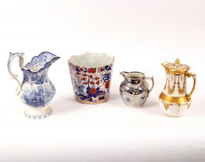 A blue and white jug, 30cm high,