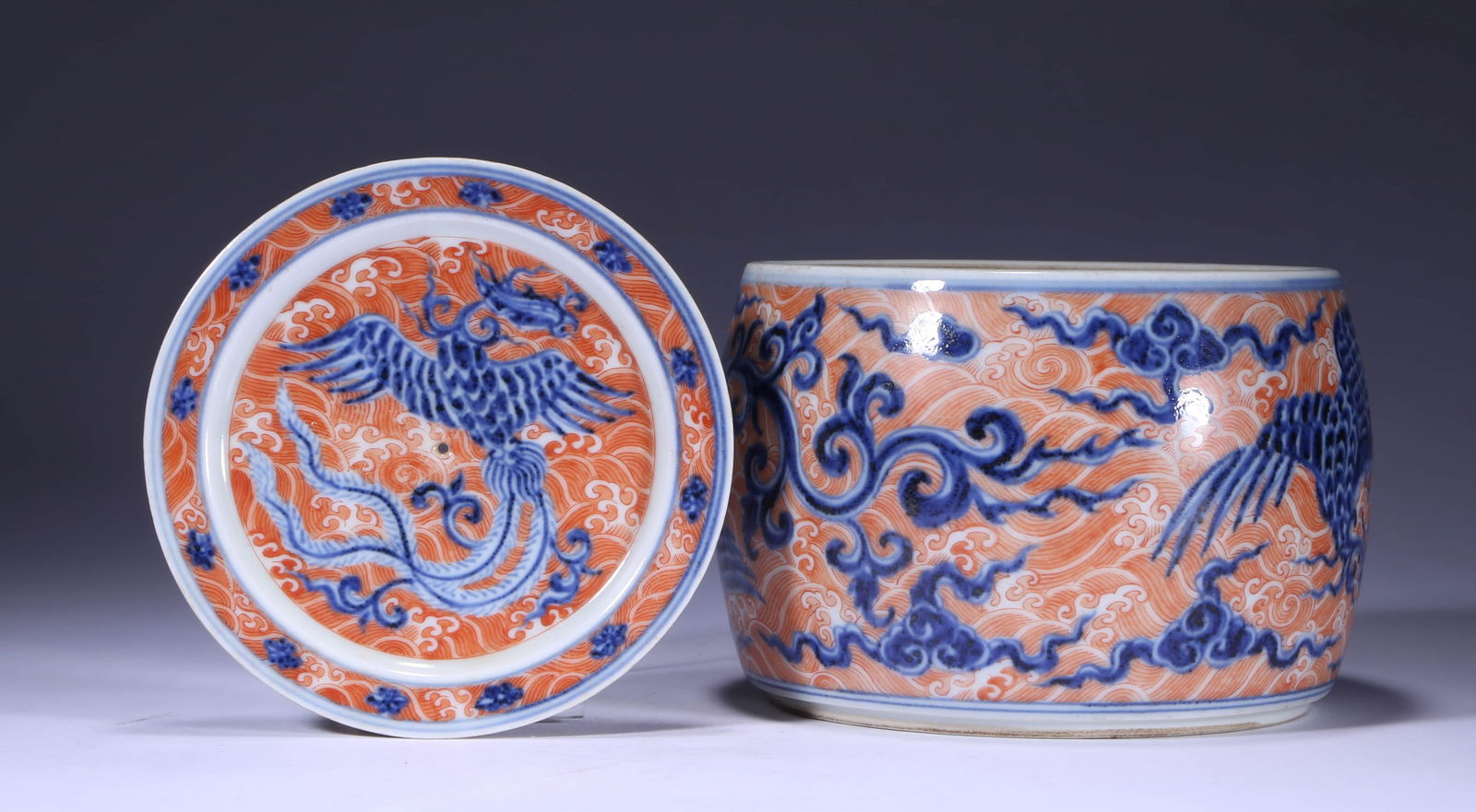 A BLUE AND WHITE WITH IRON-RED