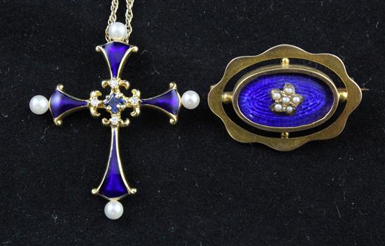 A blue enamel pearl and diamond set