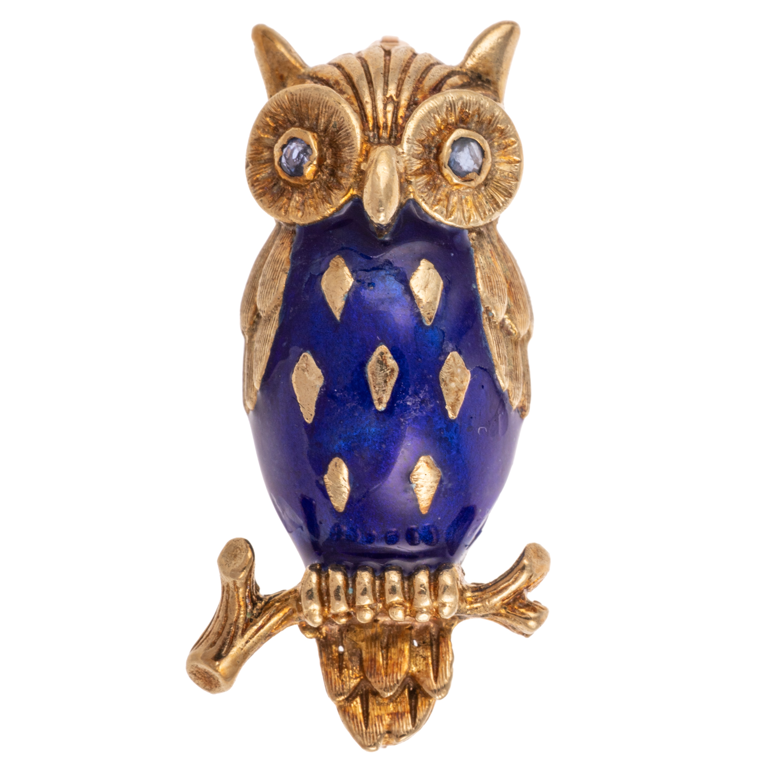 A BLUE ENAMELED OWL IN 14K 14K