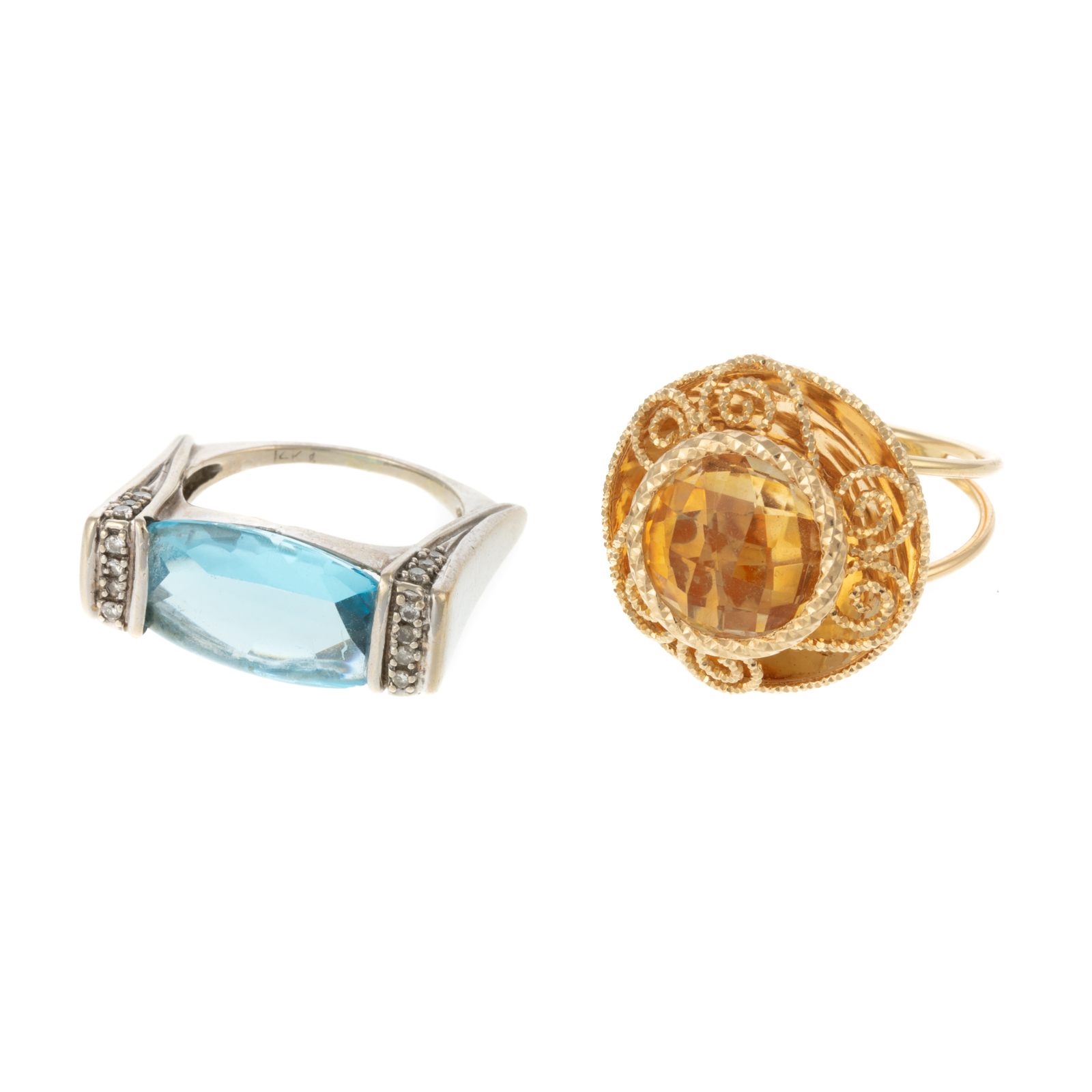 A BLUE TOPAZ RING & CITRINE RING IN