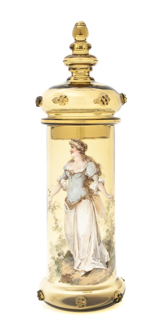 A Bohemian Enameled Amber Glass Jar