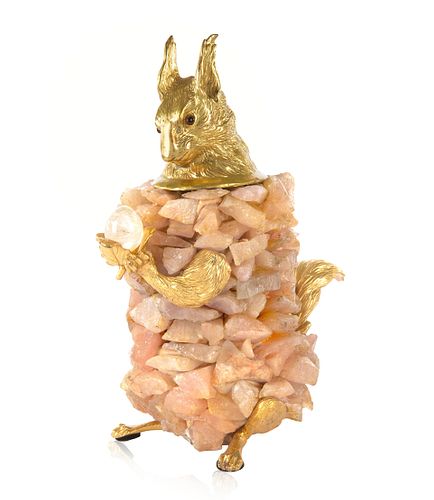 A BRASS AND ROSE QUARTZ SQUIRREL BY