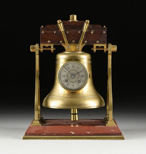 A BRASS CHURCH BELL MANTLE CLOCK,