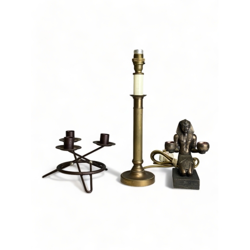 A BRASS COLUMN LAMP WITH TWO
