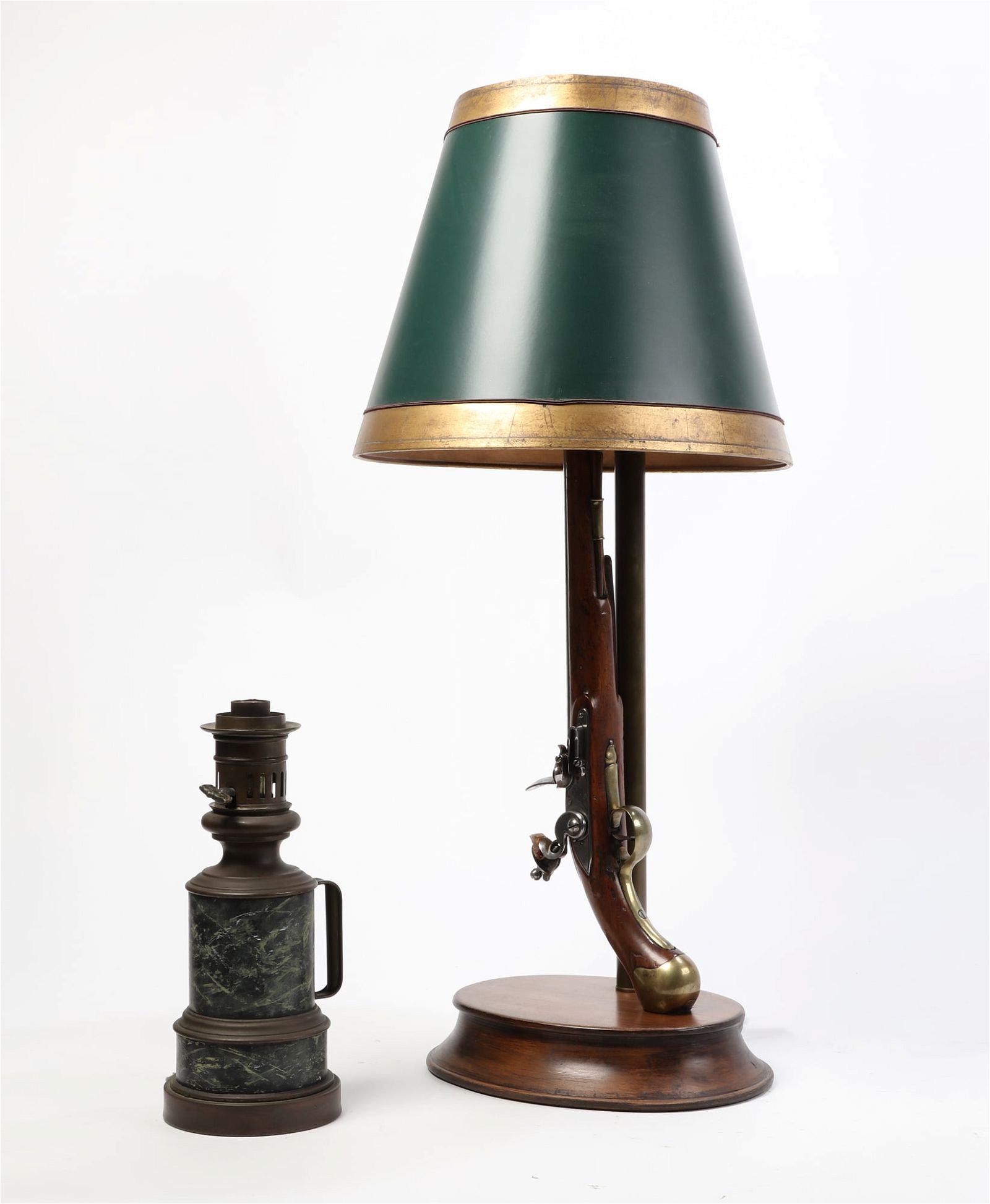 A BRITISH FLINTLOCK PISTOL LAMP AND