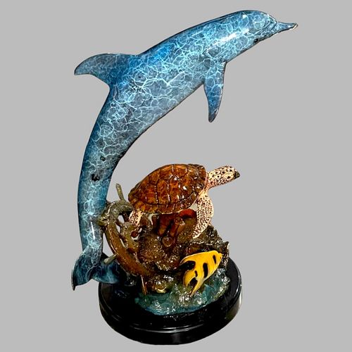 A BRONZE DOLPHIN AND TURTLE FISH