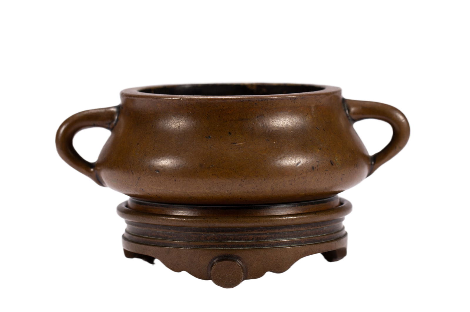 A BRONZE ROUND CENSER WITH STANDA