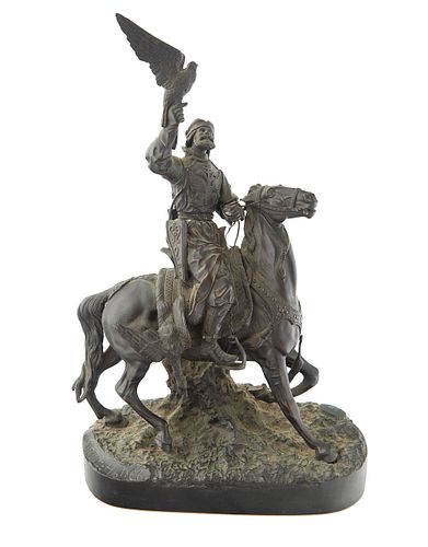 A BRONZE SCULPTURE OF A FALCONER,