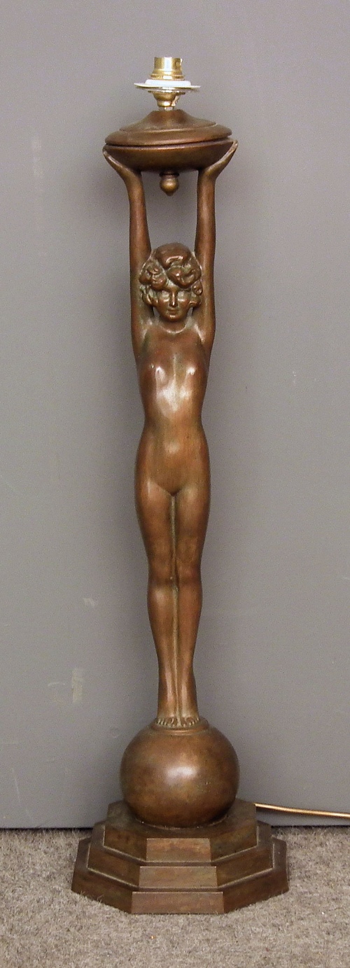 A bronzed metal table lamp modelled