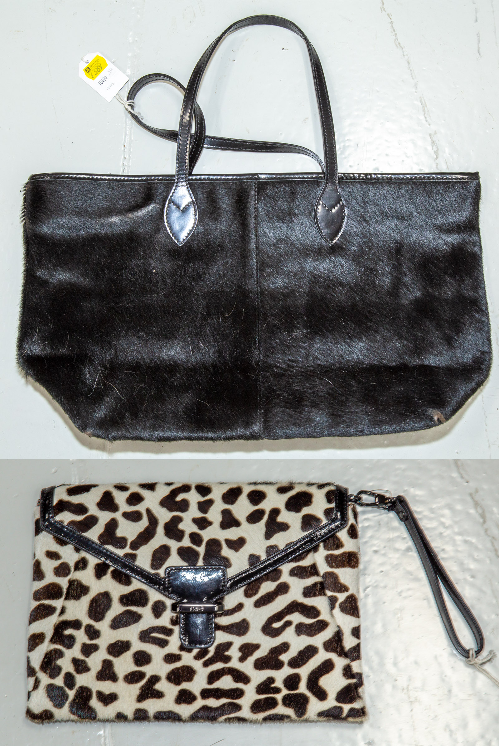 A CALF HAIR TOTE & RAFE CLUTCH A