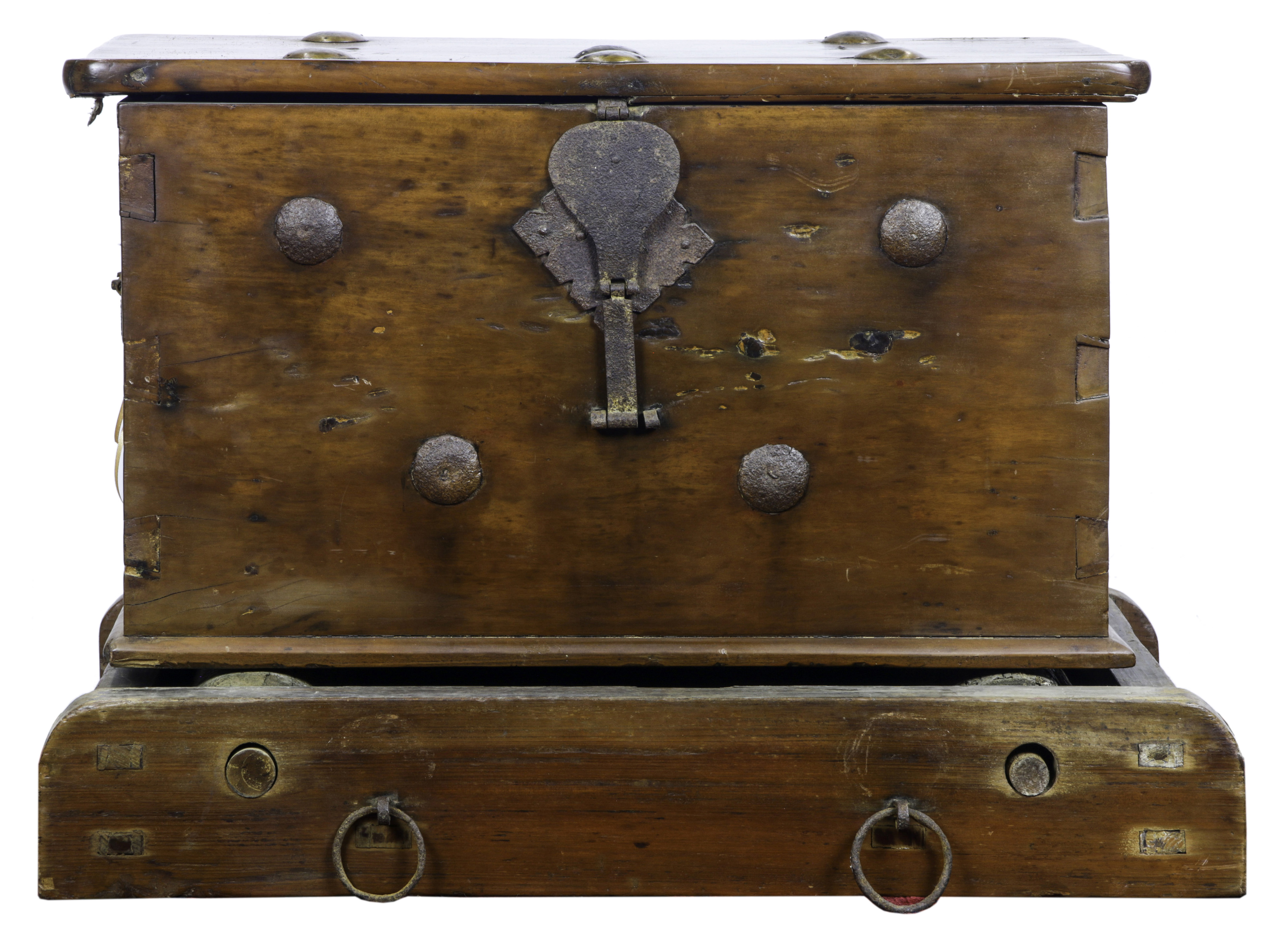 A CAMPAIGN STYLE CHEST ON STAND A