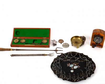 A carved balance scale, a mounted