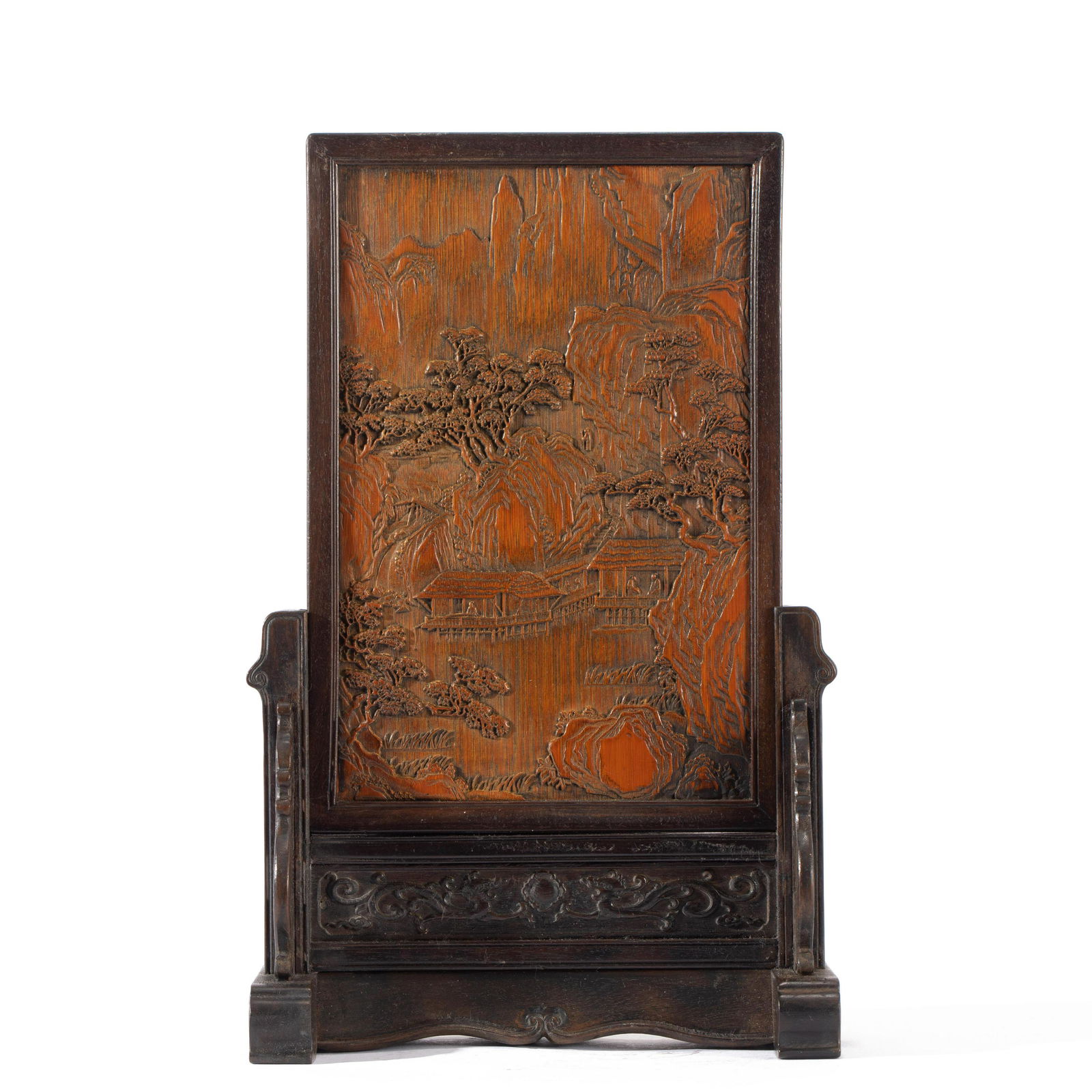 A CARVED BAMBOO INLAID WOODEN TABLE