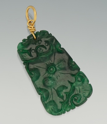 A Carved Green Jadeite and 22k Gold
