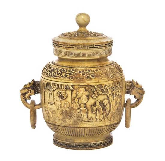 A Carved Ivory Lidded Vessel of