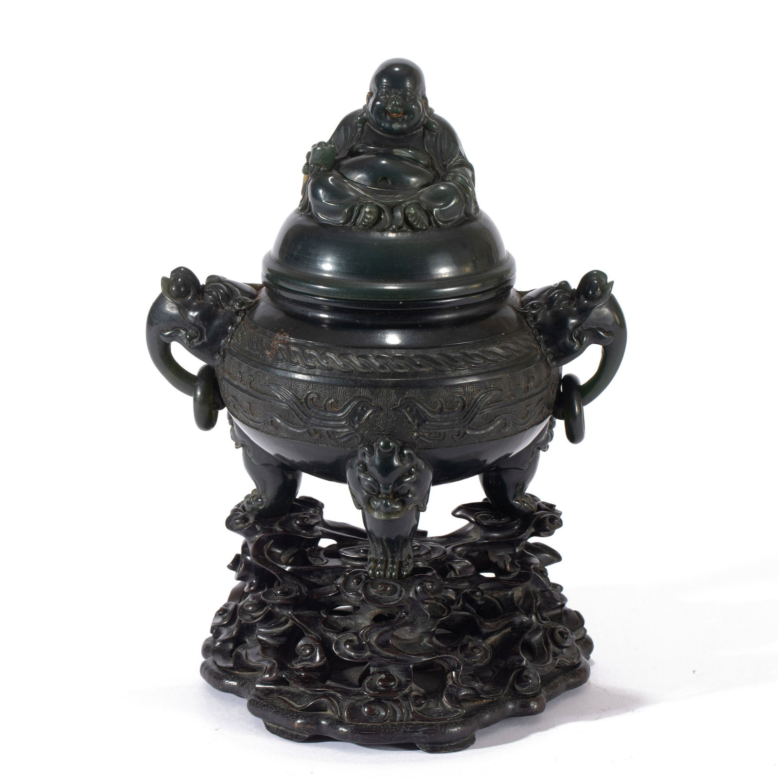 A CARVED SPINACH GREEN JADE