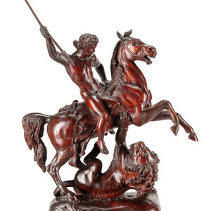 A Carved Wood Figural Group of a