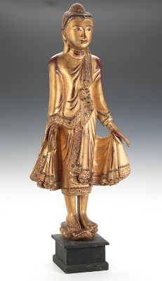 A Carved Wood Standing Buddha Fully