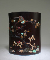 A CARVED WOODEN BRUSHPOT<br>A