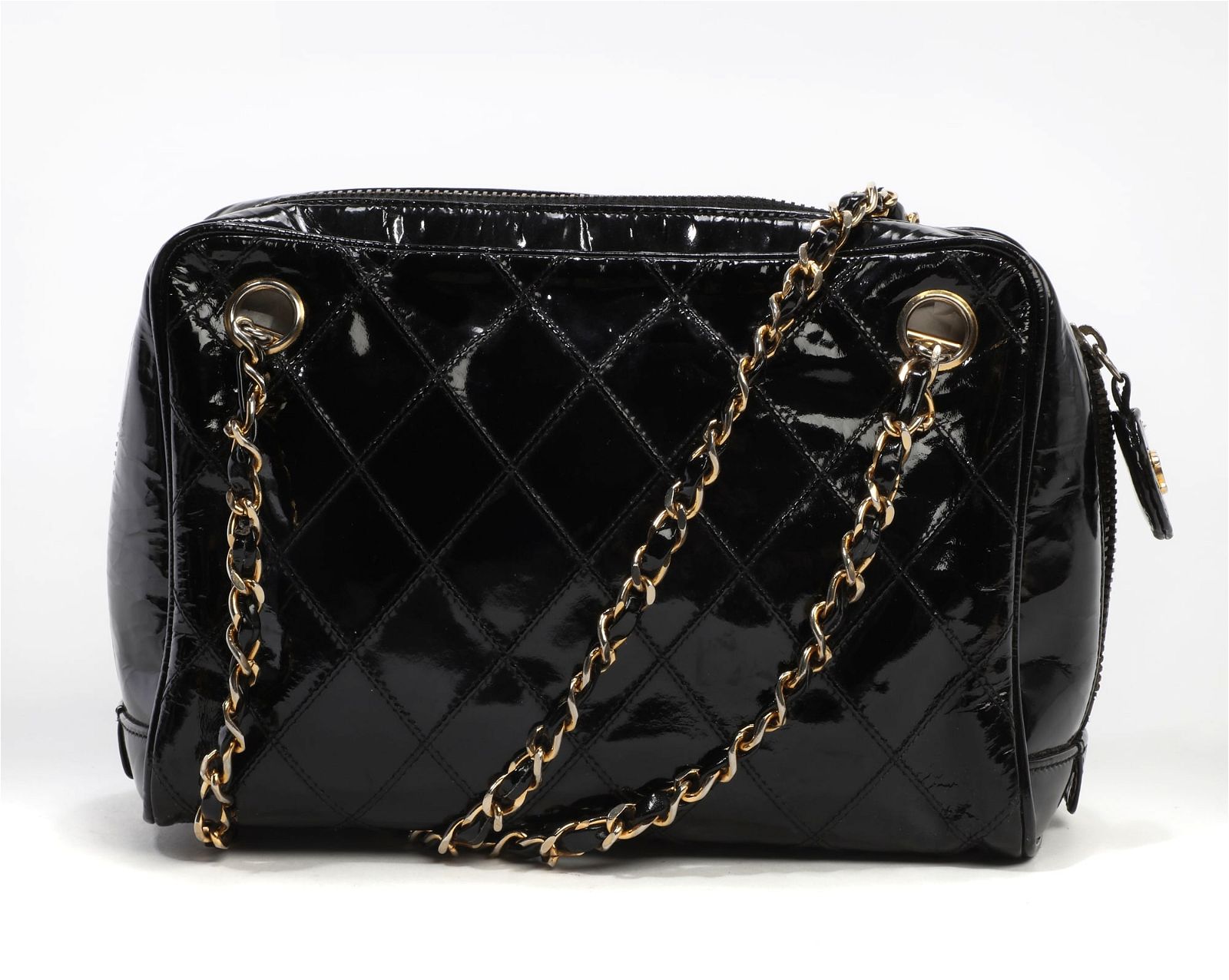 A CHANEL BLACK PATENT LEATHER