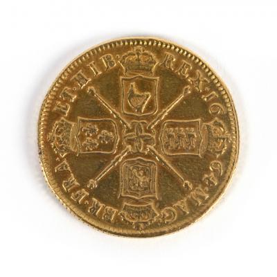 A Charles II gold two guinea