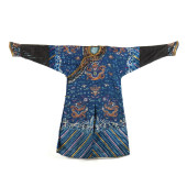 A CHINESE BLUE SILK GROUND EMB