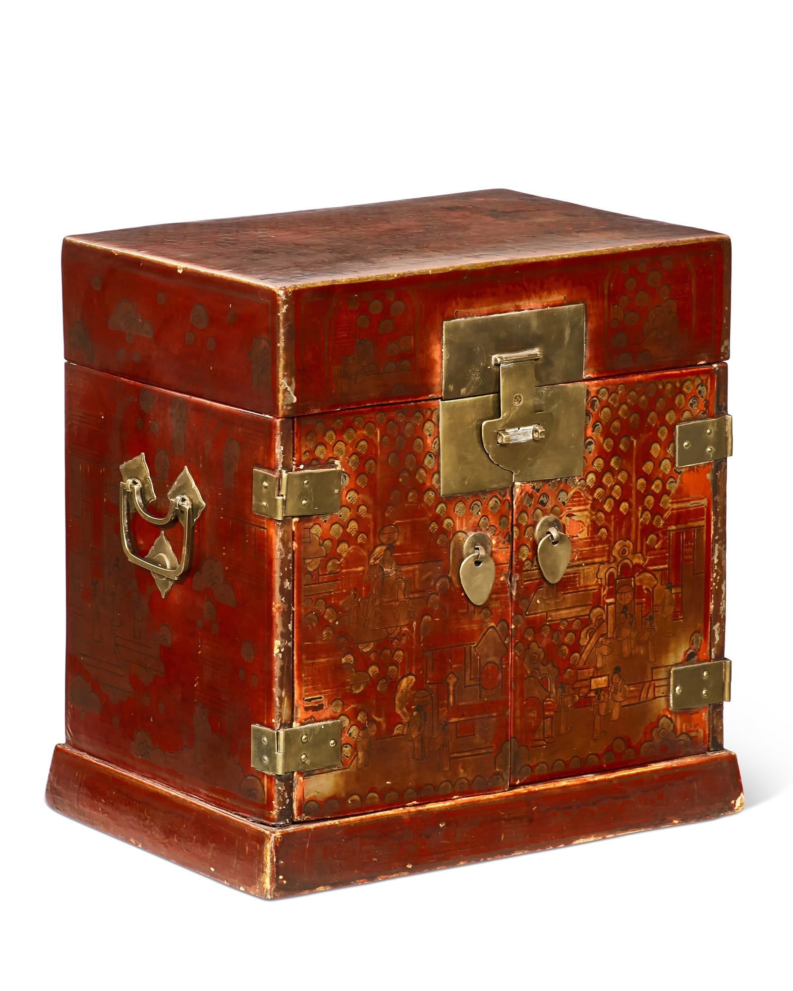 A CHINESE BRASS MOUNTED LACQUERED