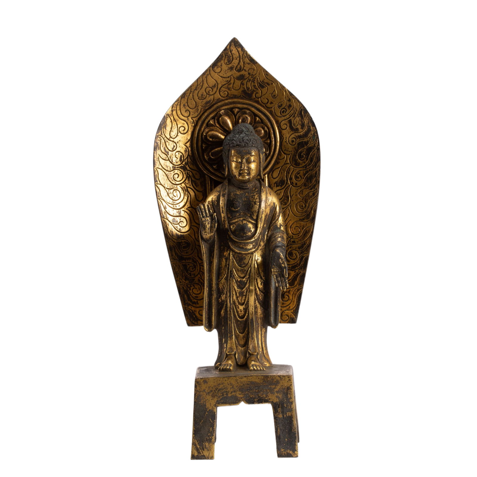 A CHINESE BRONZE-GILT STANDING
