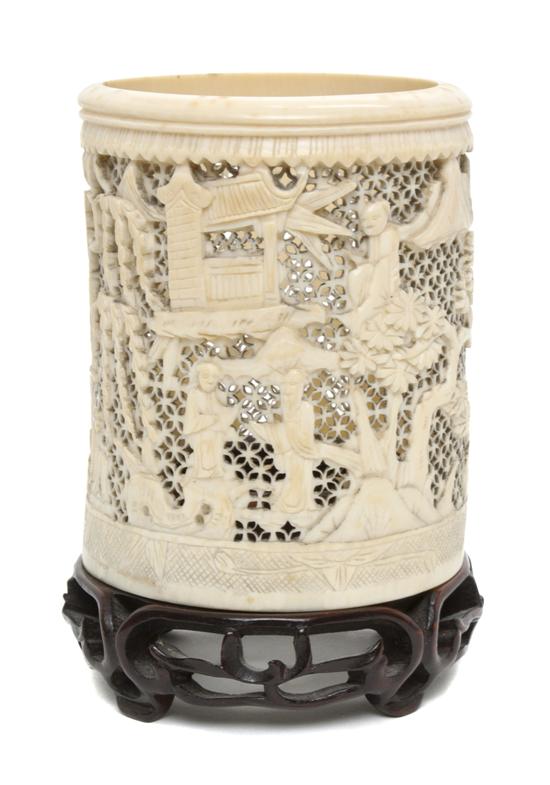 A Chinese Carved Ivory Brush Pot