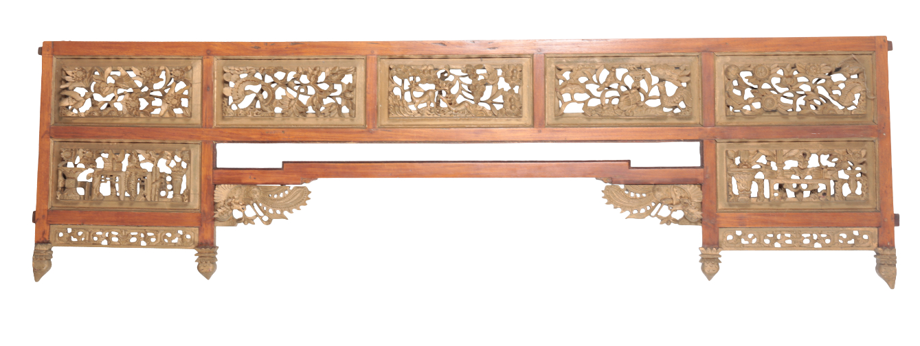 A CHINESE CARVED WOOD AND PARCEL