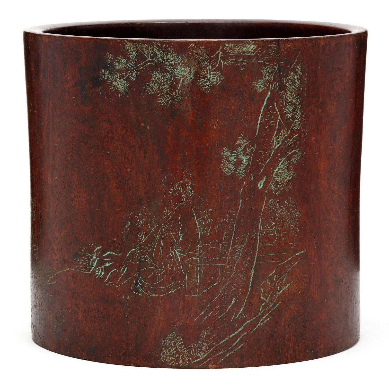 A CHINESE CARVED WOOD BRUSH POT
