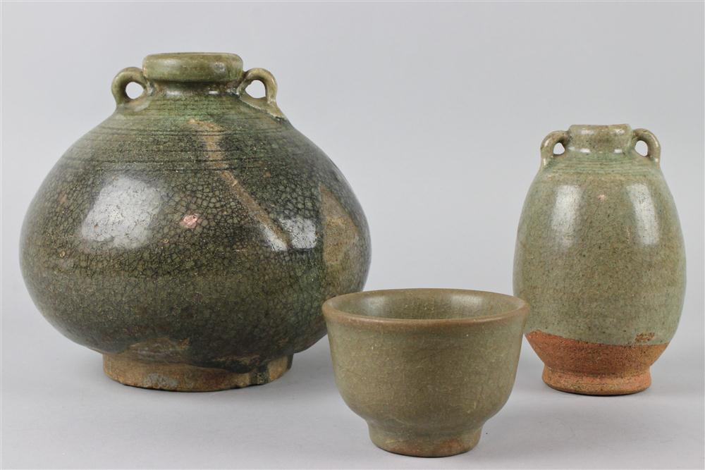 A CHINESE CELADON CUP AND TWO