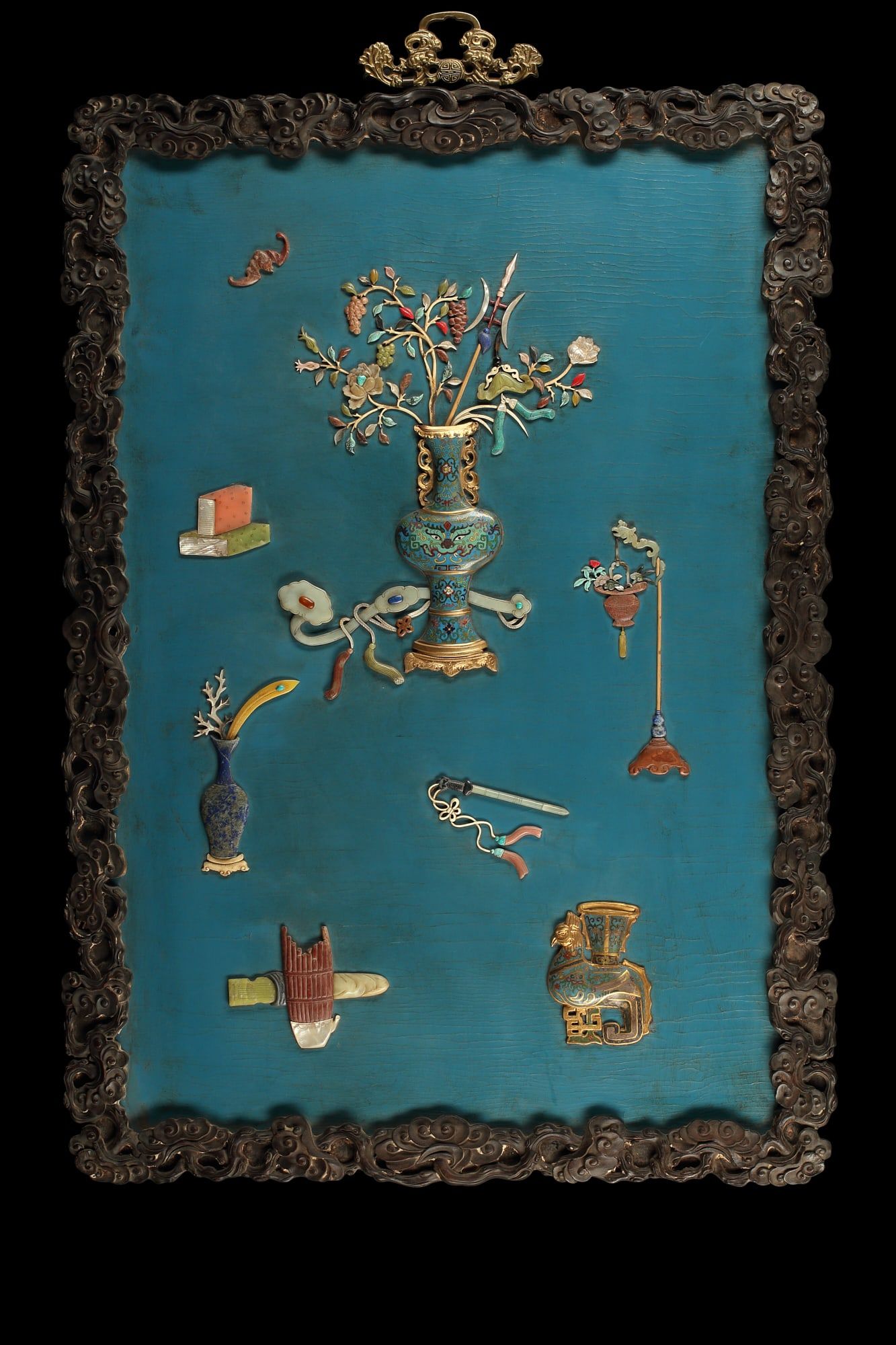 A CHINESE CLOISONNE AND HARDSTONE