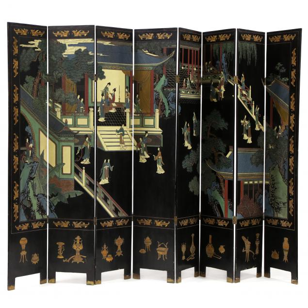 A CHINESE EIGHT PANEL CARVED AND