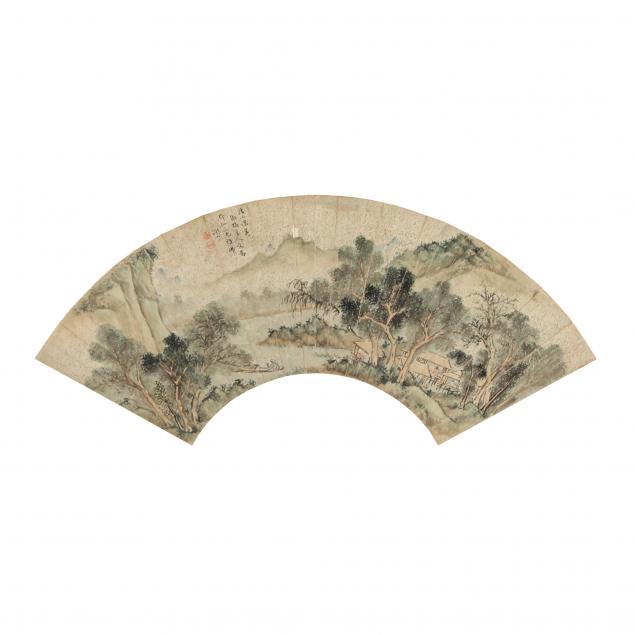 A CHINESE FAN PAINTING MOUNTED AS