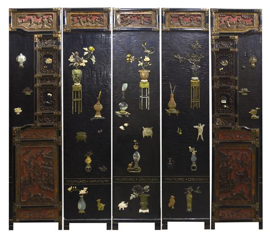 A Chinese Five Panel Hardstone