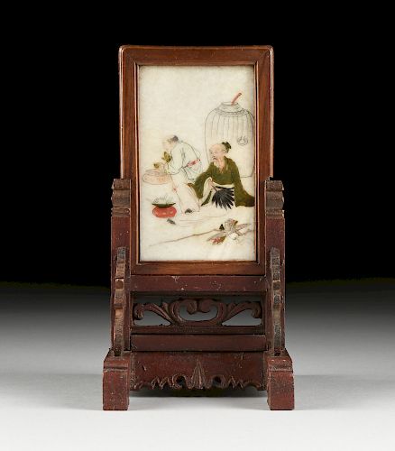 A CHINESE HAND PAINTED WHITE MARBLE
