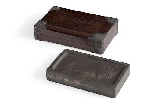 A CHINESE INK STONE AND HARDWOOD