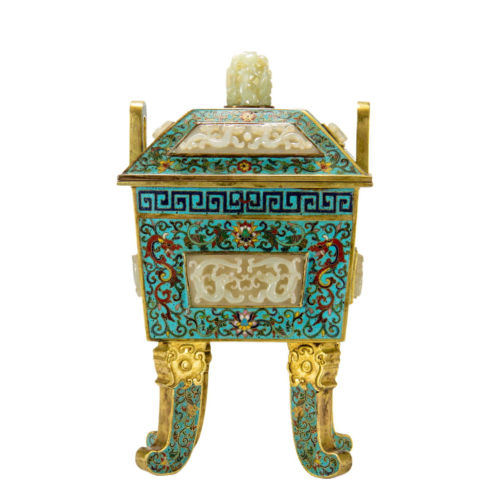 A CHINESE JADE INLAID CLOISONNE