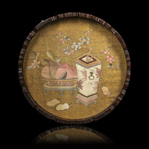 A Chinese Kesi Silk Inset Wood Tray