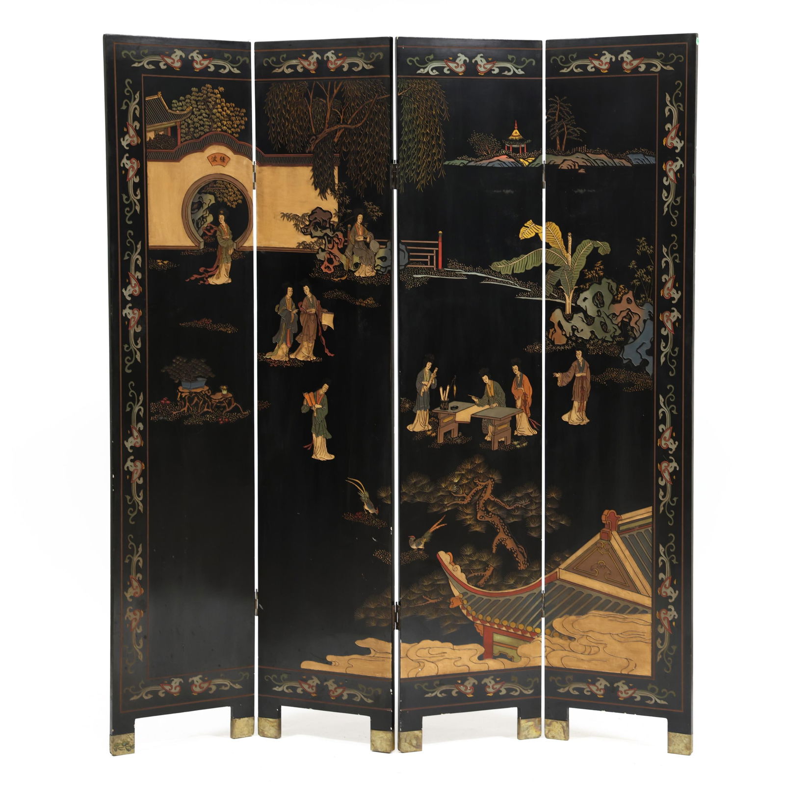 A CHINESE LACQUERED FOUR PANEL