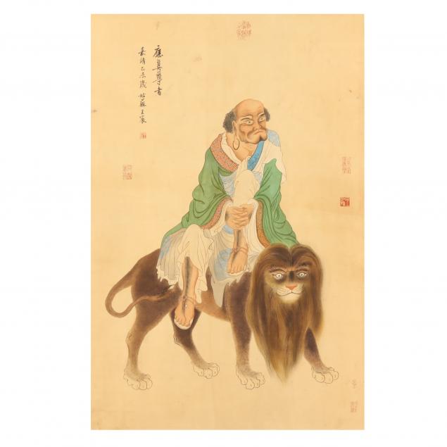 A CHINESE PAINTING OF AN ARHAT ON A