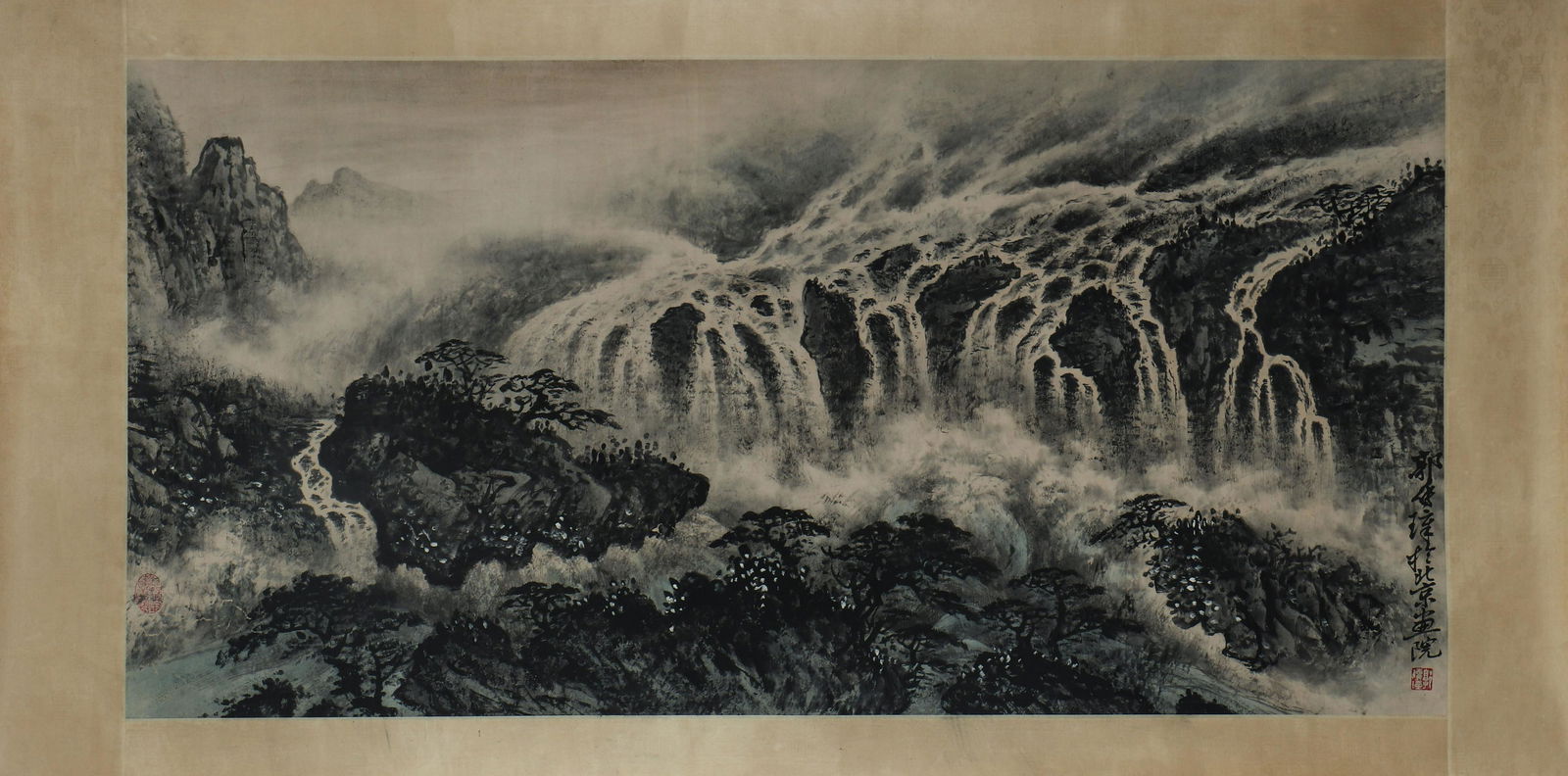 A CHINESE PAINTING OF WATERFALL AND