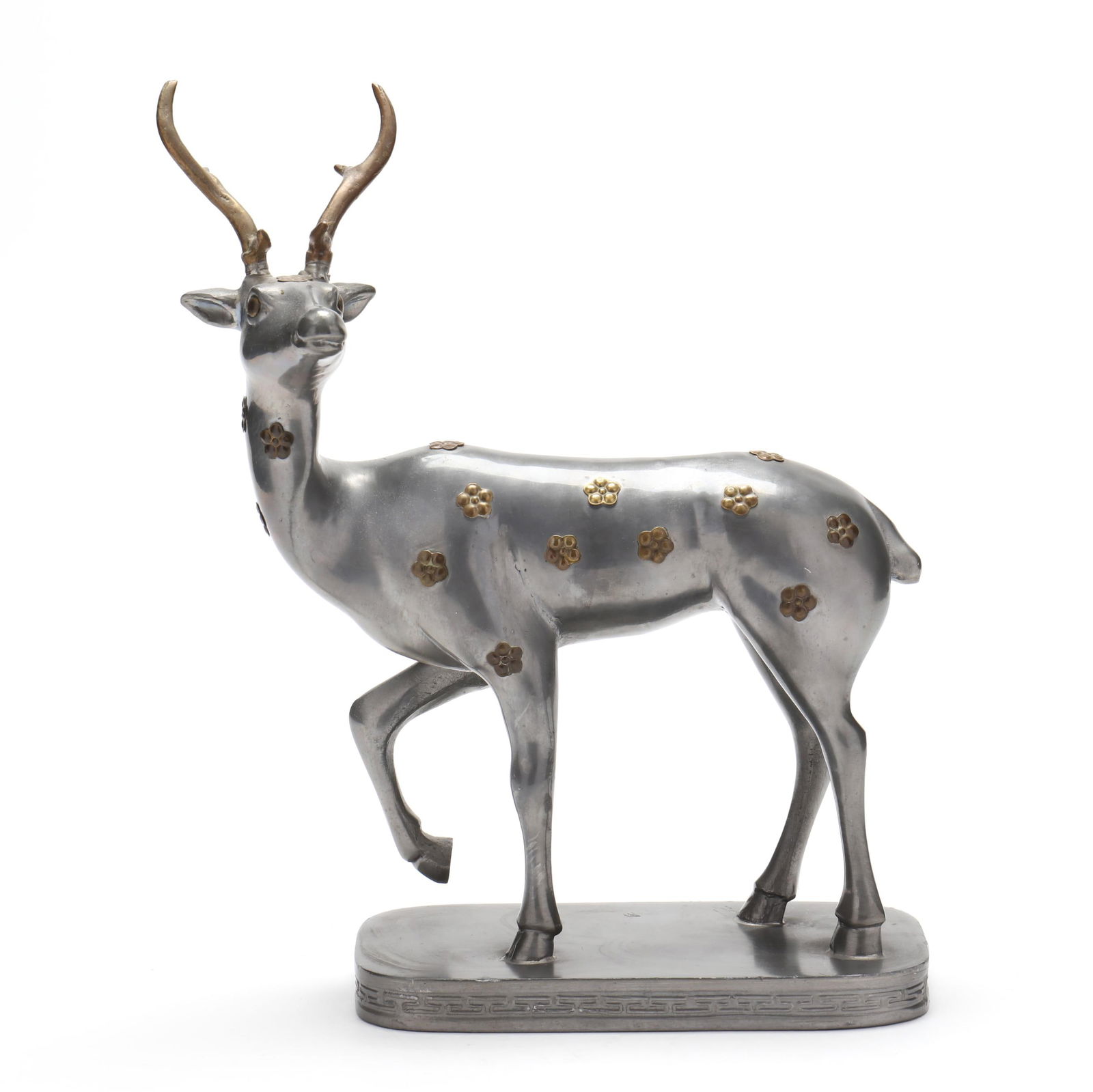 A CHINESE PEWTER AND BRASS FIGURE
